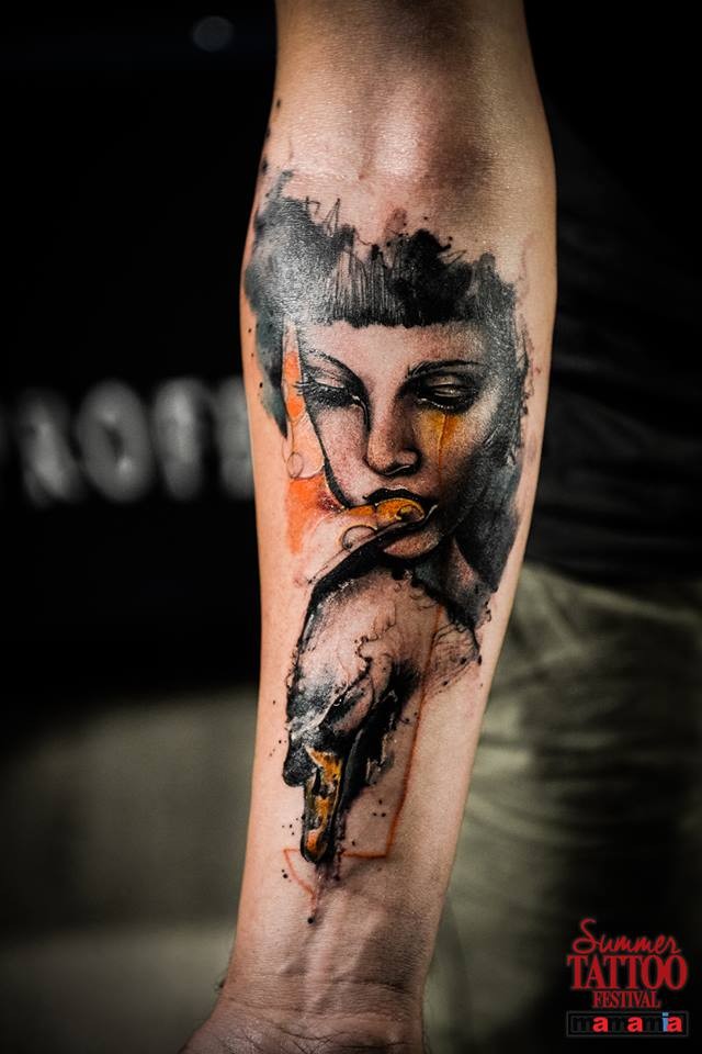 Engraving style colored forearm tattoo of woman with human skull