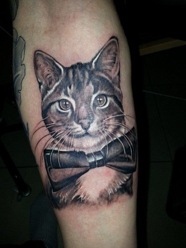 Engraving style colored forearm tattoo of cat with large bow