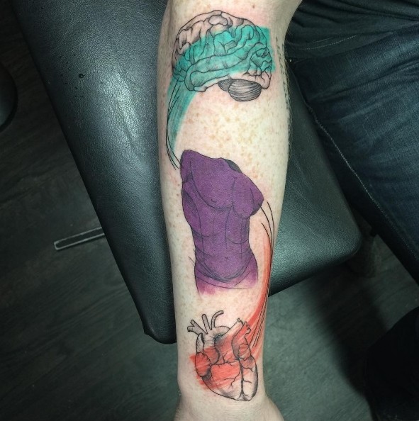 Engraving style colored forearm tattoo of human body, brain and heart