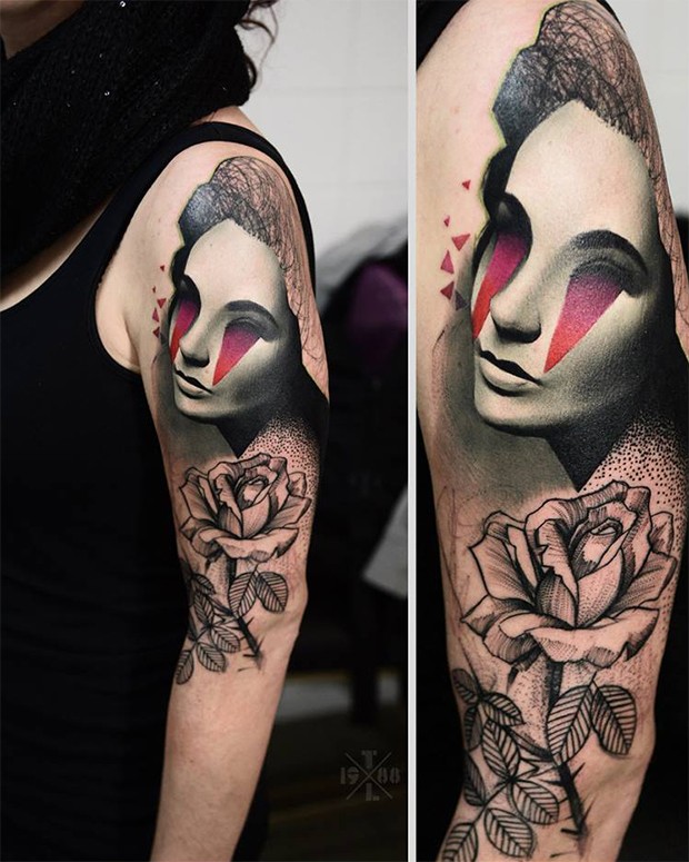 Engraving style colored half sleeve tattoo of mystical woman with rose