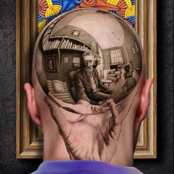 Engraving style colored head tattoo of hand holding orb with old scientings