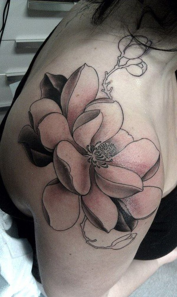 Engraving style colored shoulder tattoo of big lotus flower