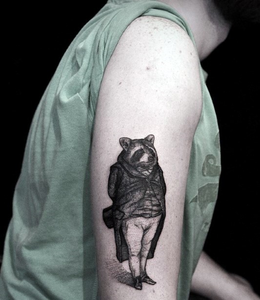 Engraving style colored shoulder tattoo of little raccoon gentleman