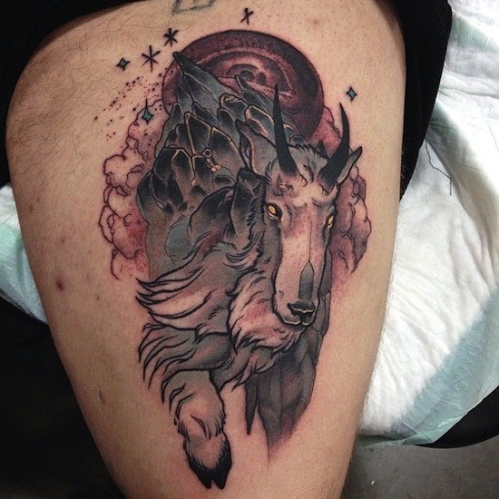 Engraving style colored thigh tattoo of demonic goat and mountain