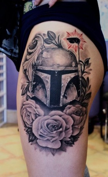Engraving style colored thigh tattoo of Star Wars soldier with flowers
