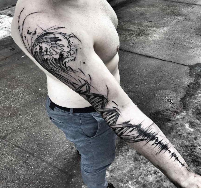 Enormous blackwork style sleeve tattoo of DNA with waves by Inez Janiak