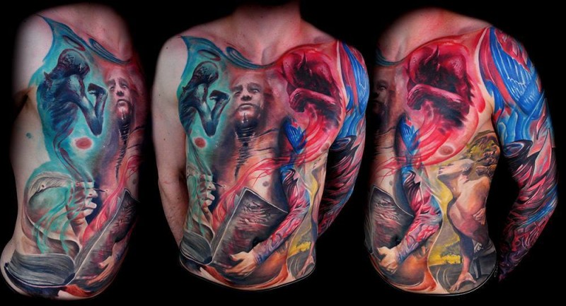 Enormous colored chest and belly tattoo of mystical people with book