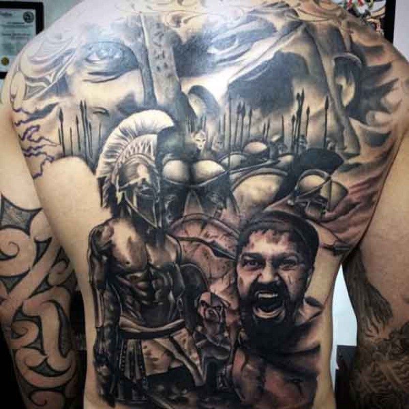 Enormous colored detailed 300 Spartans movie themed tattoo on whole back area
