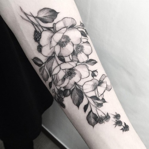 Enormous painted by Zihwa forearm tattoo of cool flowers