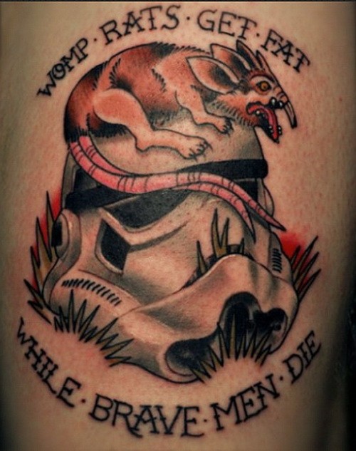 Evil rodent on gray helmet with quote tattoo