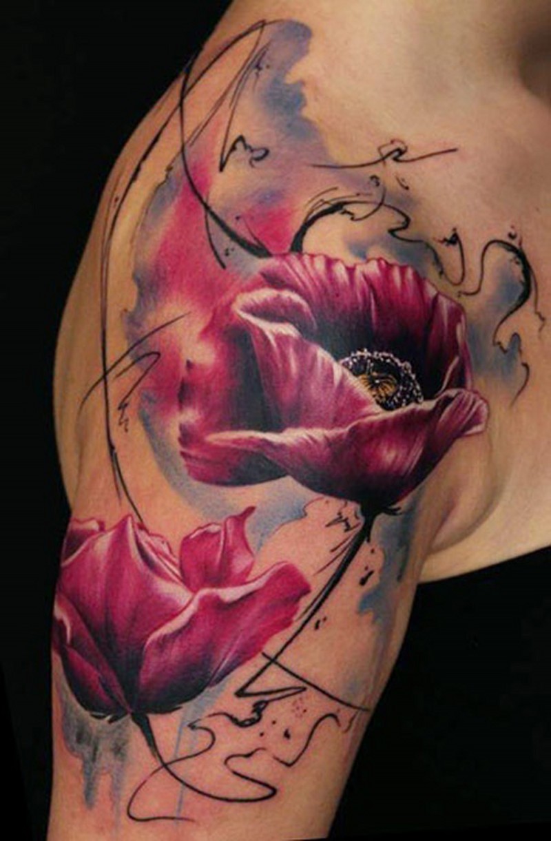 Excellent colored big flowers tattoo on shoulder with metamorphosis lines