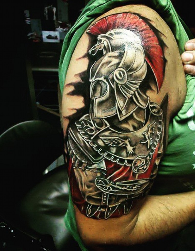 Excellent detailed accurate looking colored ancient Roman warrior tattoo on shoulder zone