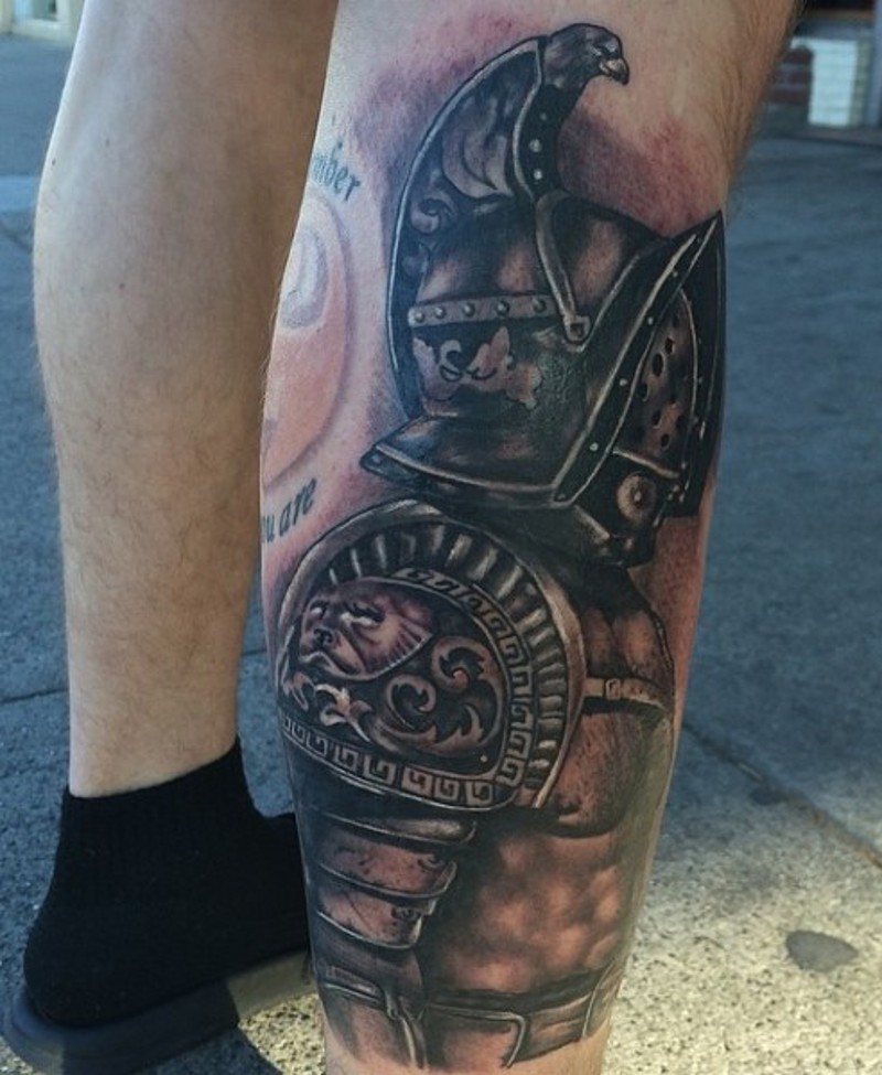 Excellent detailed colored leg tattoo of ancient gladiator warrior