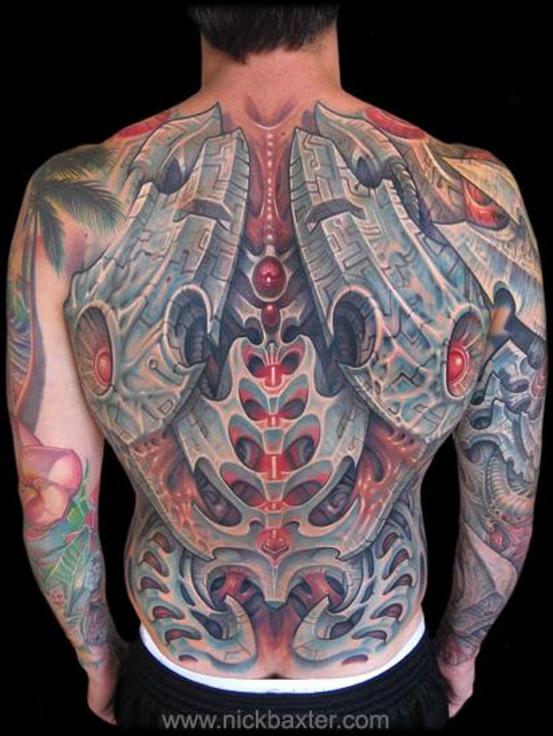 Excellent painted colored alien skeleton tattoo on whole back and sleeve