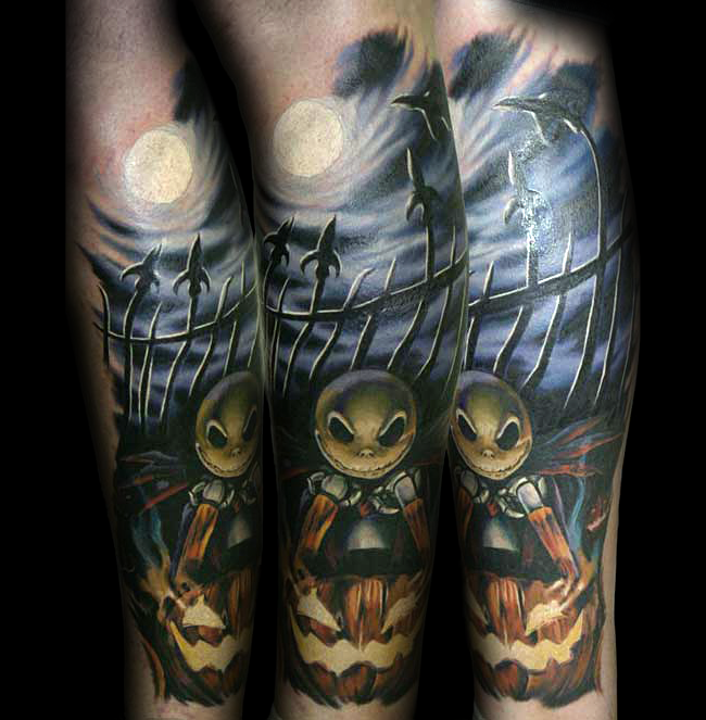 Excellent painted multicolored Nightmare before Christmas themed tattoo on leg