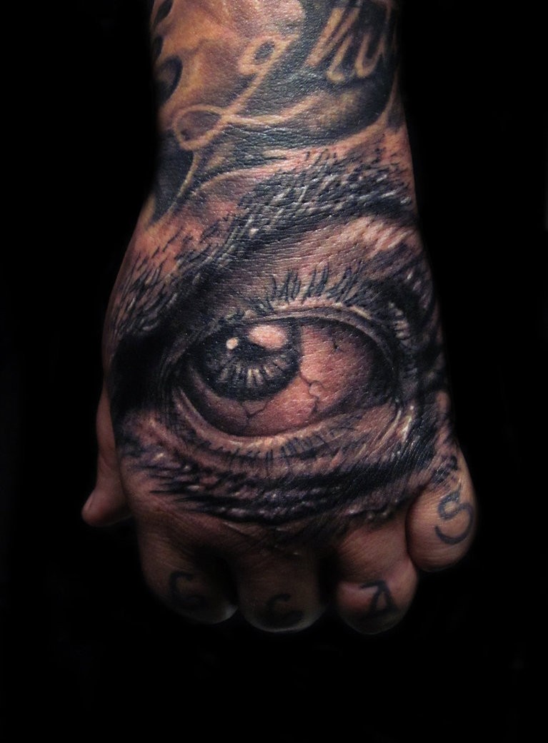 Eye tattoo on the hand by hatefulss