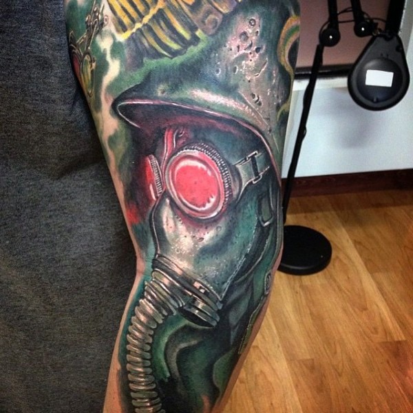 Fabulous realism style colored shoulder tattoo of man in gas mask