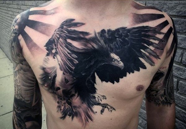 Fabulous very detailed black and white big flying eagle tattoo on chest