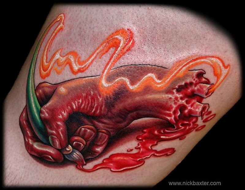 Fabulous very detailed colored severed hand tattoo