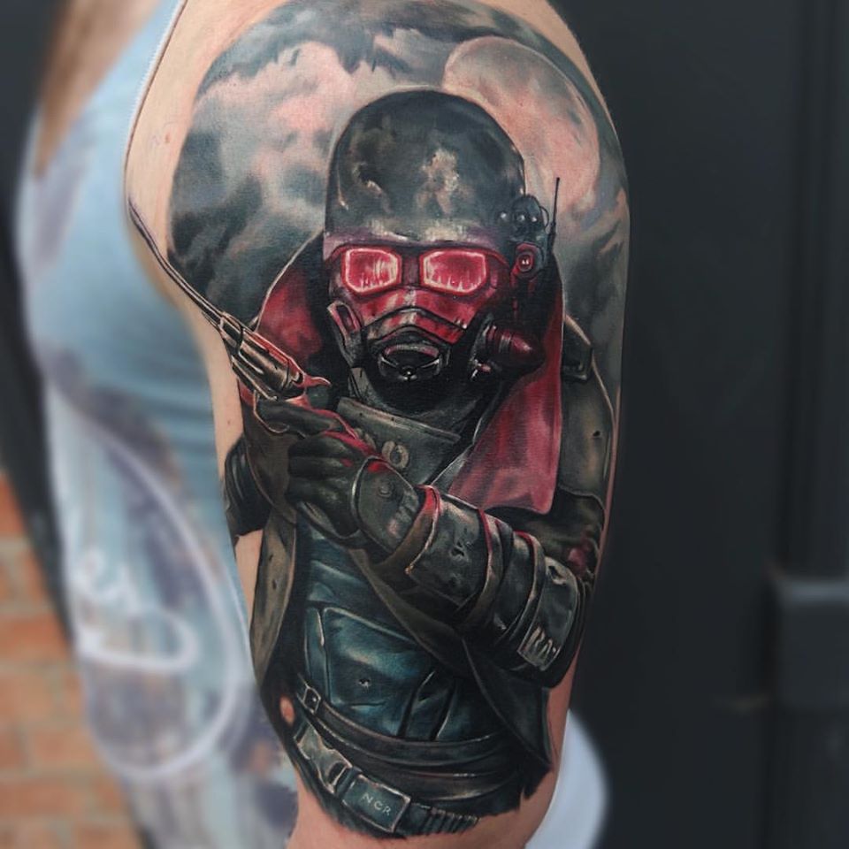Fallout theme tattoo on shoulder