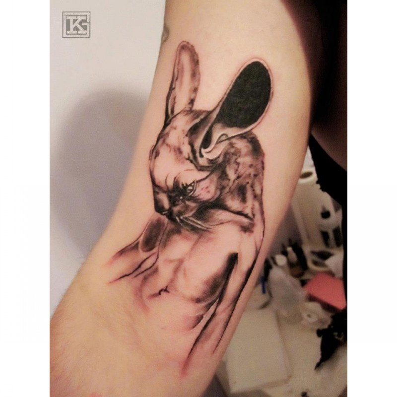 Fantastic black and gray style arm tattoo of half human half rabbit