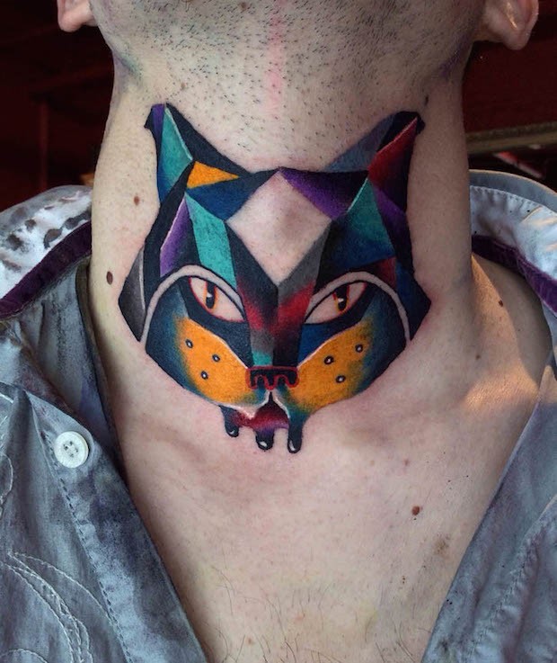 Fantastic colored neck tattoo of space cat by David Cote
