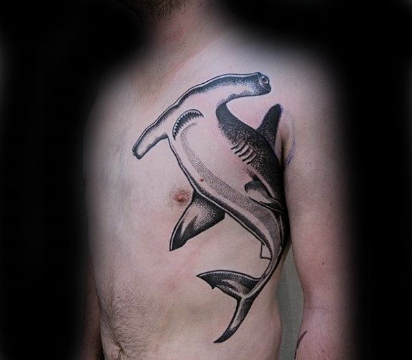 Fantastic engraving style black ink side tattoo of hammerhead shark