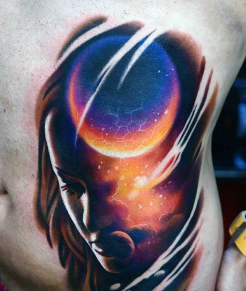 Fantastic futuristic style colored mystical woman tattoo on belly
