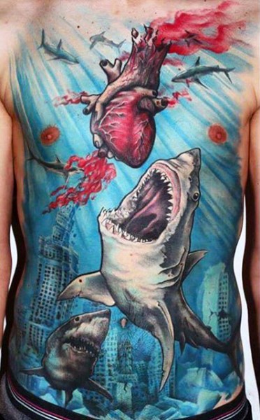 Fantastic illustrative style colored underwater city with sharks tattoo on chest and belly