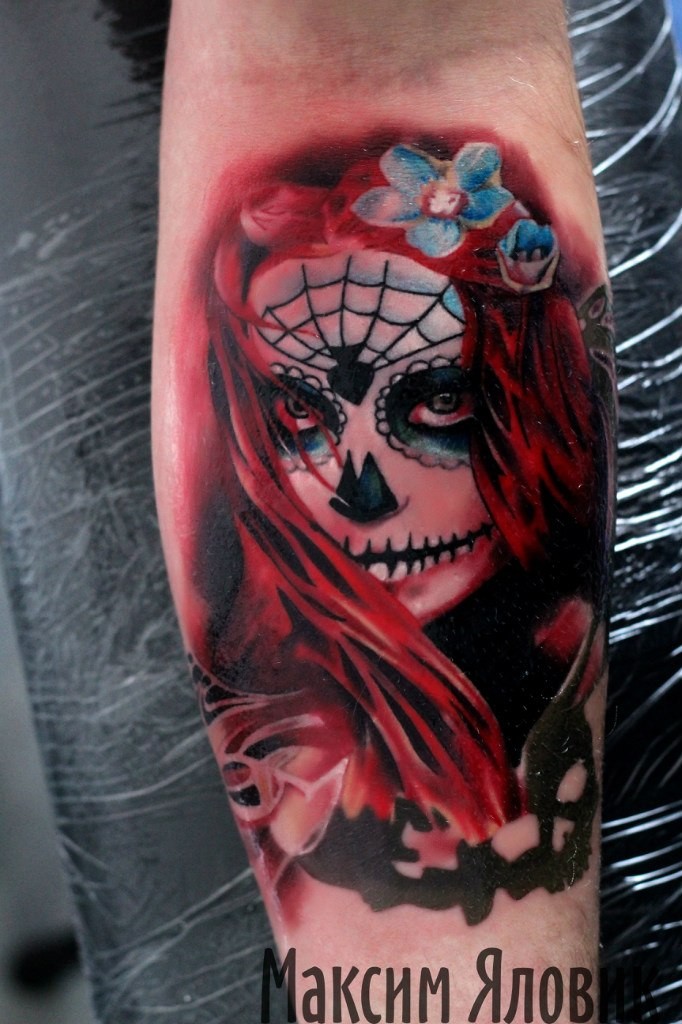 Fantastic illustrative style forearm tattoo of Mexican traditional woman portrait