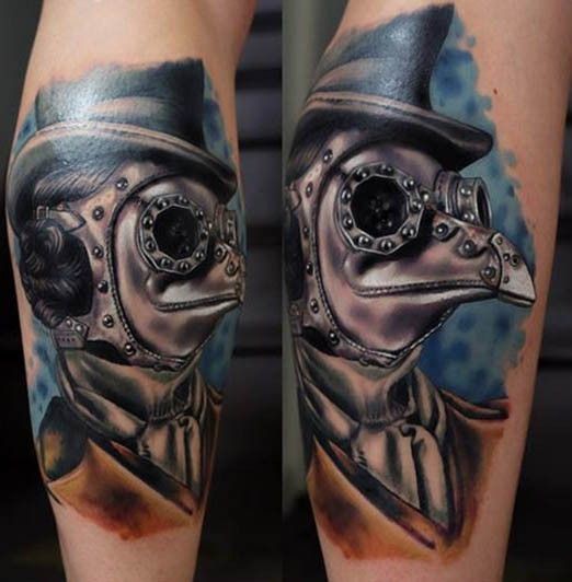 Fantastic lifelike very beautiful leg tattoo of plague doctor