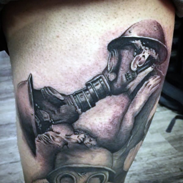 Fantastic looking black and gray style large thigh tattoo of kissing couple in gas masks