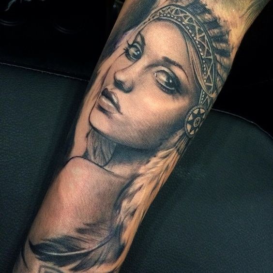 Fantastic looking portrait style forearm tattoo of Indian woman