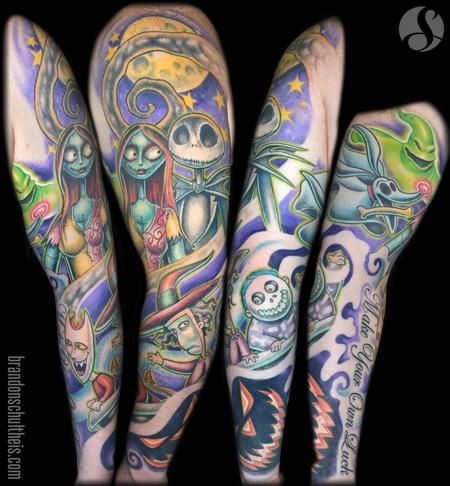 Fantastic multicolored various monsters sleeve tattoo