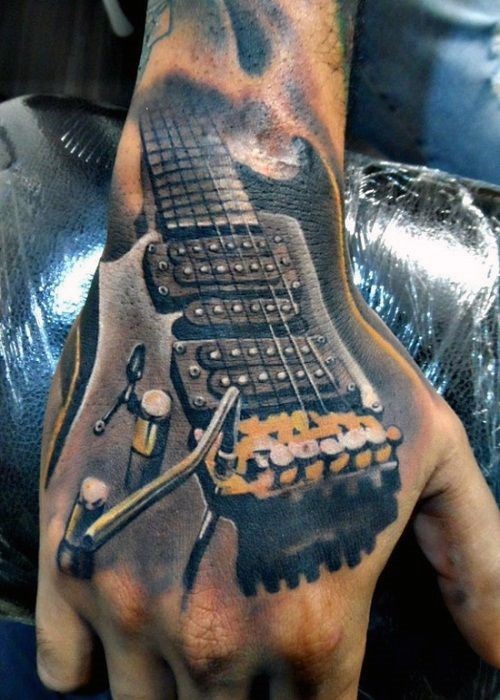 Tatuaje en la mano, 
  guitarra eléctrica maravillosa 3D
