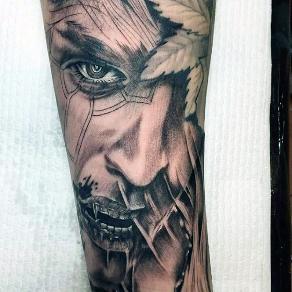 Fantastic painted creepy and mystical vampire tattoo on arm