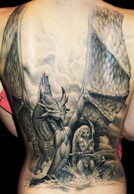 Fantastic very detailed big black and white dragon and woman warrior tattoo on whole back