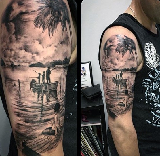 Fantastic very realistic looking black and white fishing family tattoo on shoulder area