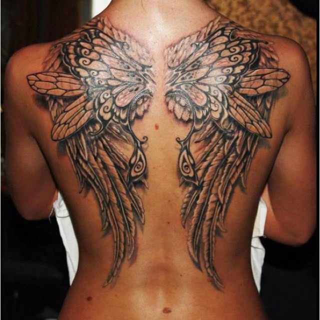 Fantasy black wings tattoo on whole back