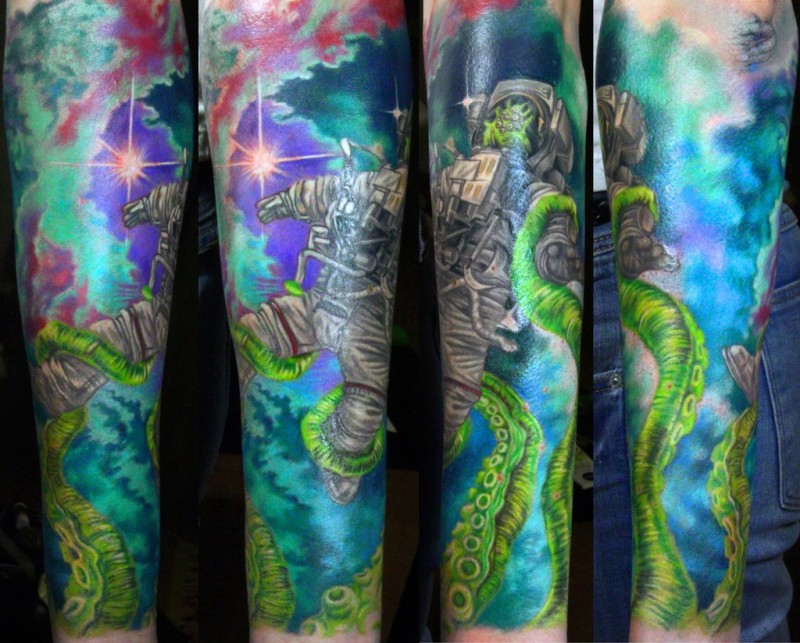 Fantastischer im  Illustration Stil farbige Astronaut mit grünem Alien Oktopus