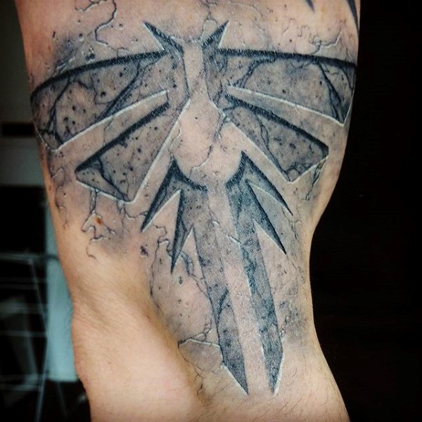 Fantasy style black ink biceps tattoo of interesting symbol