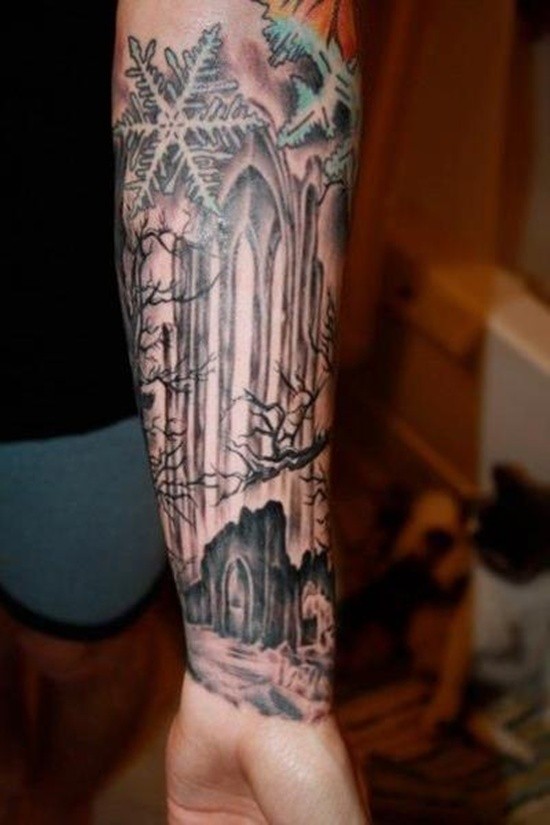 Fantasy style black ink forearm tattoo of old ruins