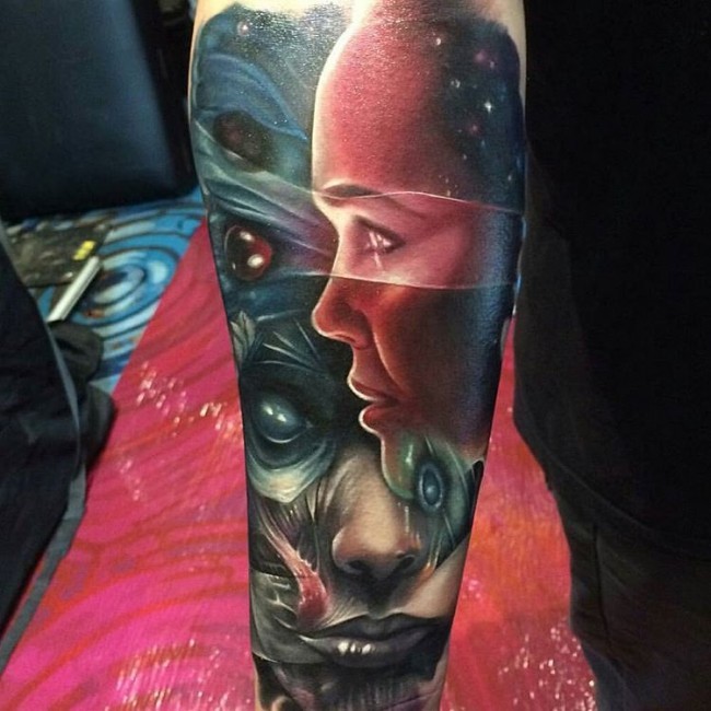 Fantasy style colored arm tattoo of mystical woman portrait with creepy face