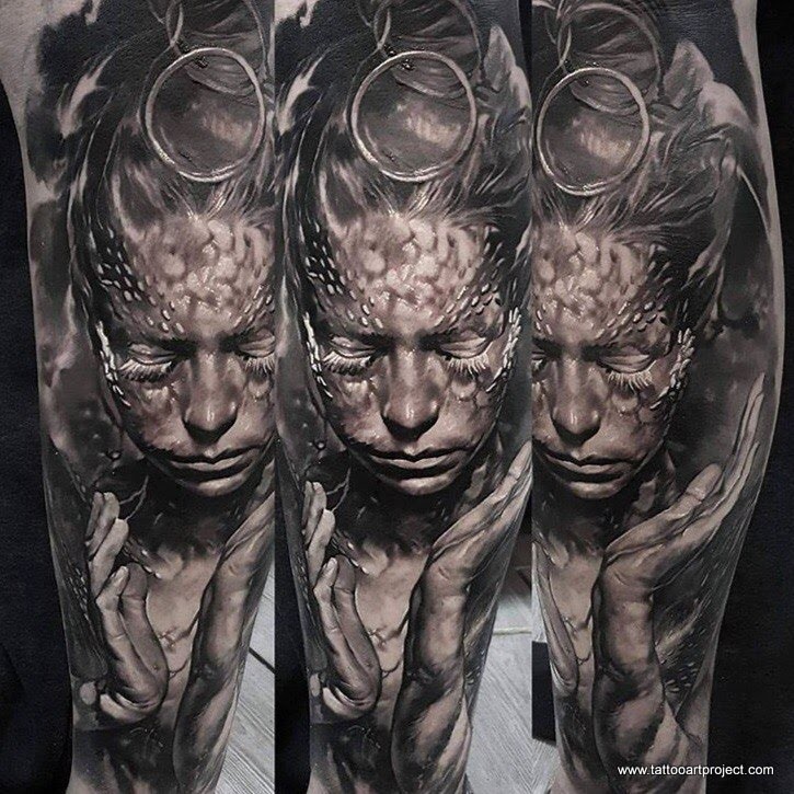 Fantasy style colored arm tattoo of amazing looking woman