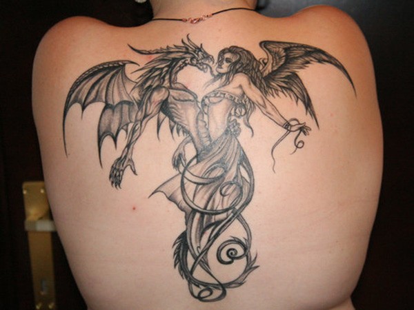 Fantasy style colored back tattoo of demon and angel