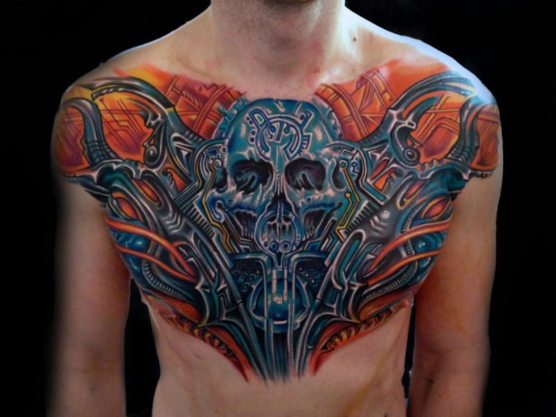 Fantasy style colored chest tattoo of biomechanical skeleton