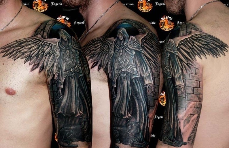 Fantasy style colored shoulder tattoo of big angel warrior