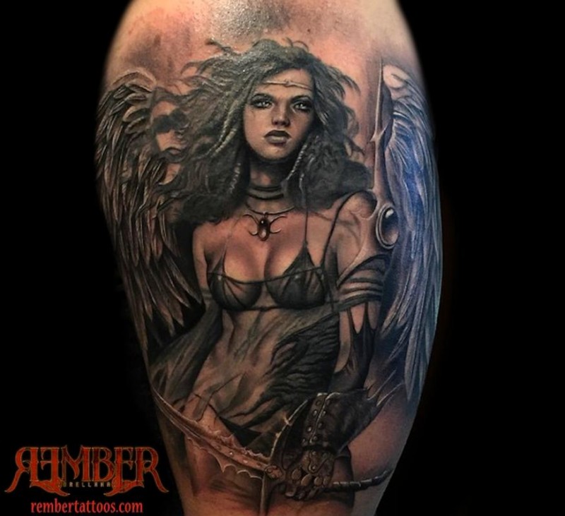 Fantasy style colored shoulder tattoo of sexy angel woman warrior