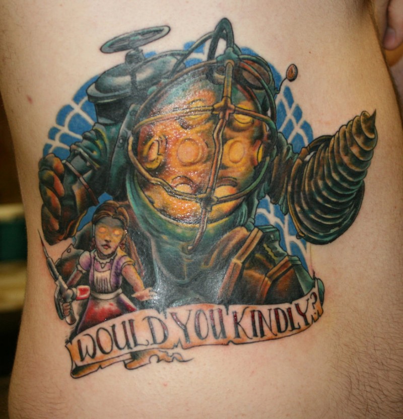 Fantasy style colored side tattoo of cartoon robot with lettering