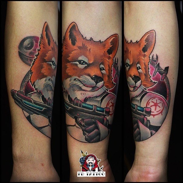 Fantasy style colored Storm Trooper like fox tattoo on forearm